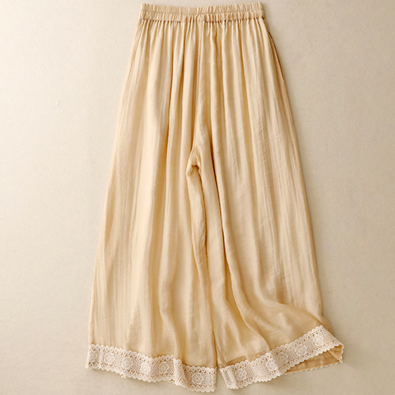 Spring Vintage Casual Solid Color Lace Patchwork Cuff Women's Cotton Linen Wide Leg Pants With Pockets