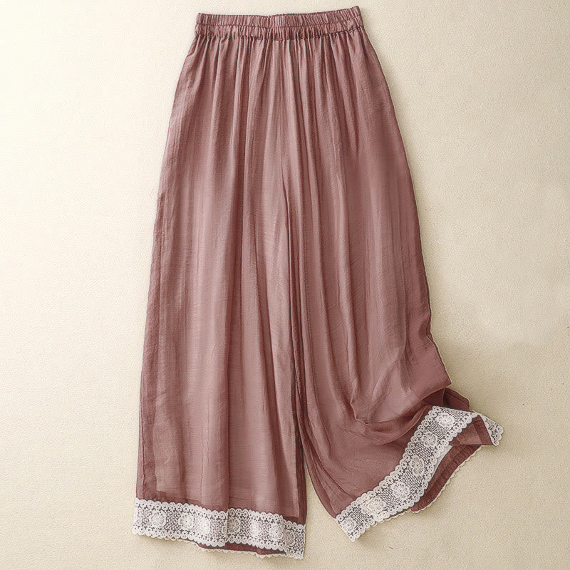 Spring Vintage Casual Solid Color Lace Patchwork Cuff Women's Cotton Linen Wide Leg Pants With Pockets