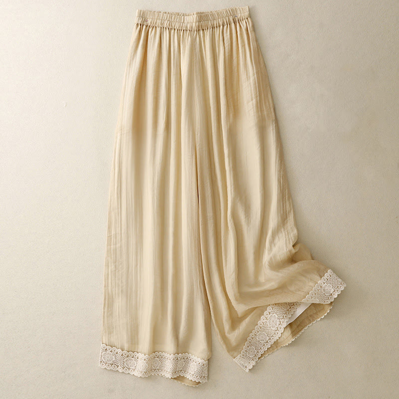 Spring Vintage Casual Solid Color Lace Patchwork Cuff Women's Cotton Linen Wide Leg Pants With Pockets
