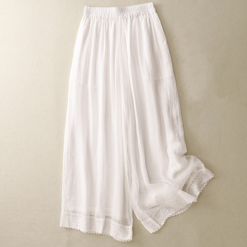Spring Vintage Casual Solid Color Lace Patchwork Cuff Women's Cotton Linen Wide Leg Pants With Pockets