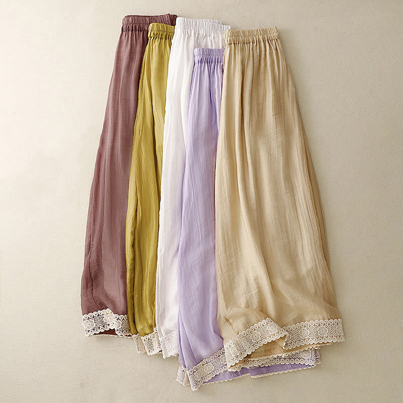 Spring Vintage Casual Solid Color Lace Patchwork Cuff Women's Cotton Linen Wide Leg Pants With Pockets