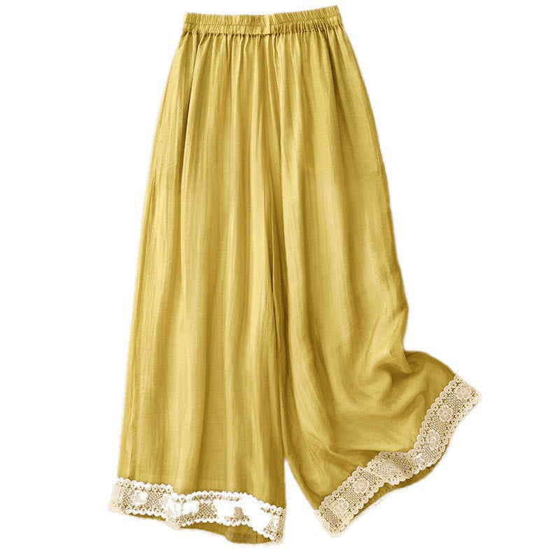 Spring Vintage Casual Solid Color Lace Patchwork Cuff Women's Cotton Linen Wide Leg Pants With Pockets