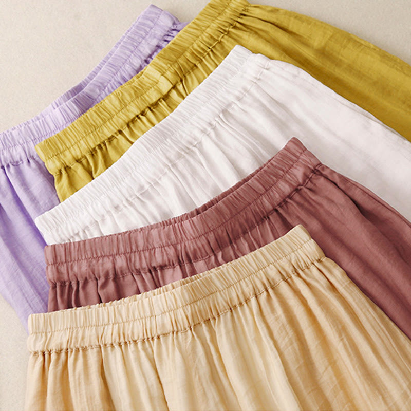 Spring Vintage Casual Solid Color Lace Patchwork Cuff Women's Cotton Linen Wide Leg Pants With Pockets