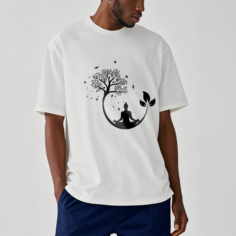Soft Cotton Meditative Tree Graphic Crewneck Tee