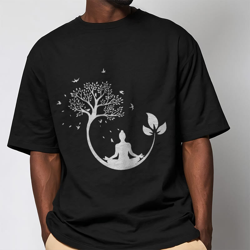 Soft Cotton Meditative Tree Graphic Crewneck Tee
