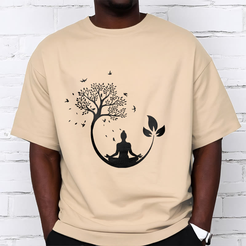 Soft Cotton Meditative Tree Graphic Crewneck Tee