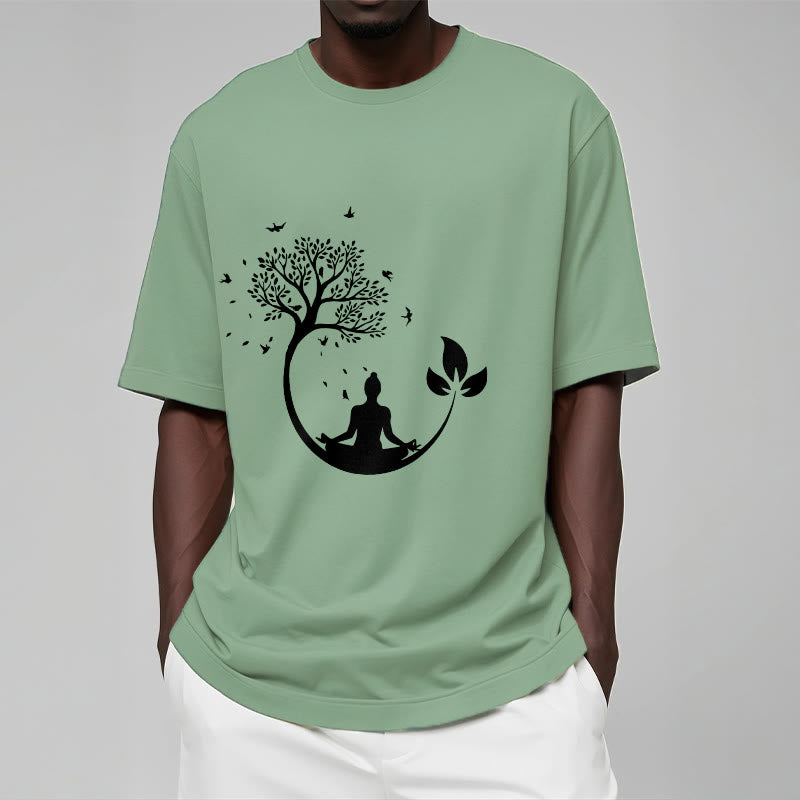 Soft Cotton Meditative Tree Graphic Crewneck Tee