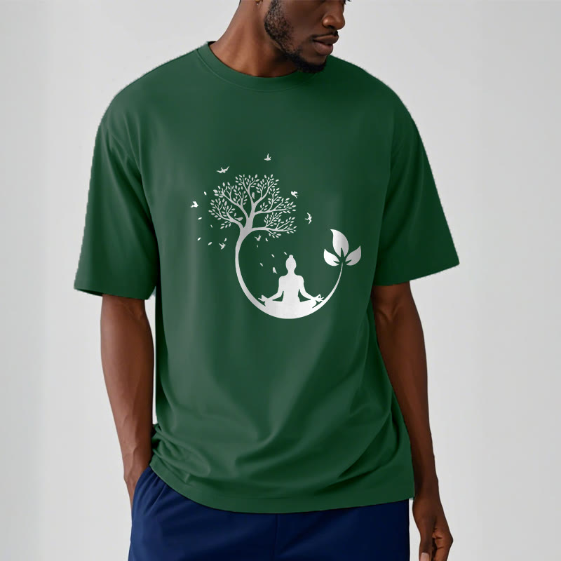 Soft Cotton Meditative Tree Graphic Crewneck Tee