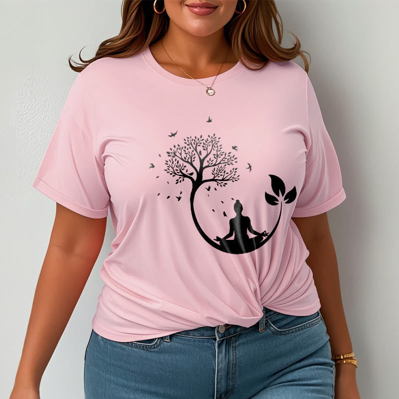 Soft Cotton Meditative Tree Graphic Crewneck Tee