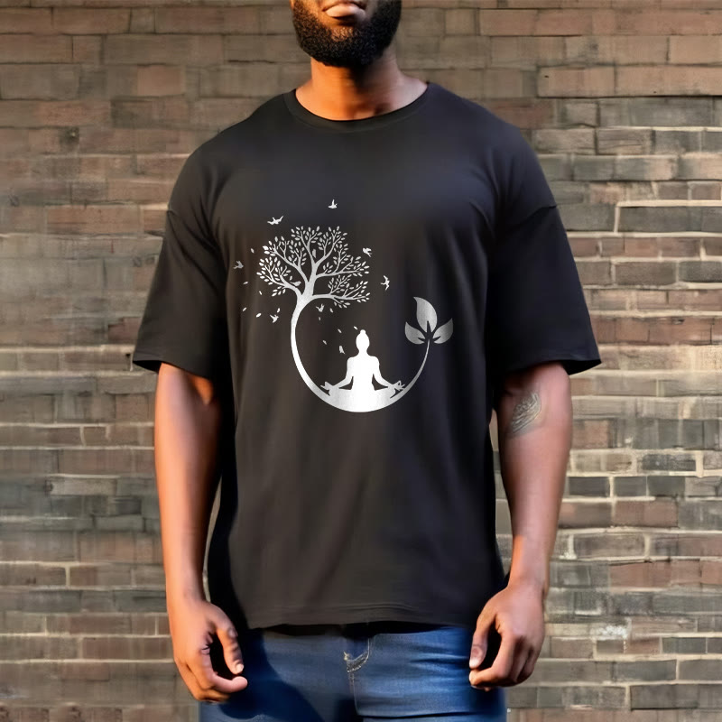 Soft Cotton Meditative Tree Graphic Crewneck Tee