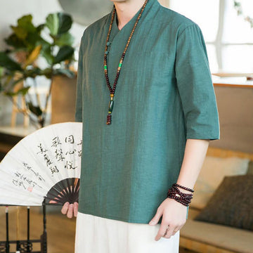Tactile Cotton Blend Three-Quarter Sleeve Mindful Meditation Shirt