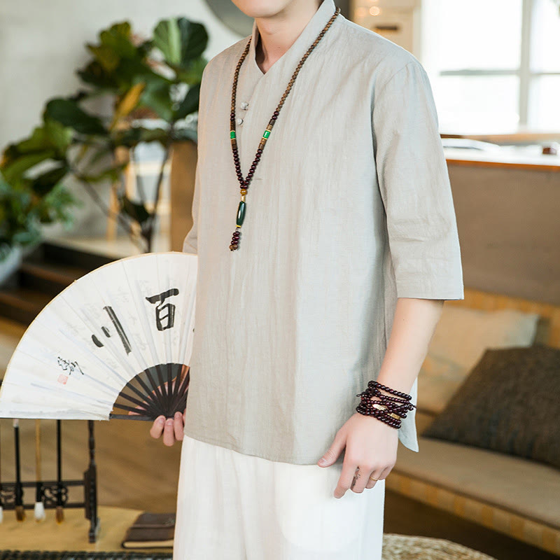 Tactile Cotton Blend Three-Quarter Sleeve Mindful Meditation Shirt
