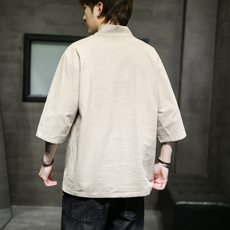 Breathable Cotton Linen V-Neck Three-Quarter Sleeve Meditation T-Shirt