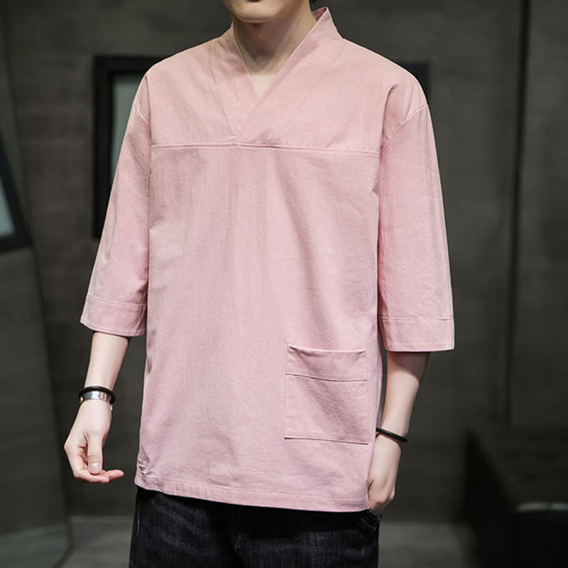 Breathable Cotton Linen V-Neck Three-Quarter Sleeve Meditation T-Shirt