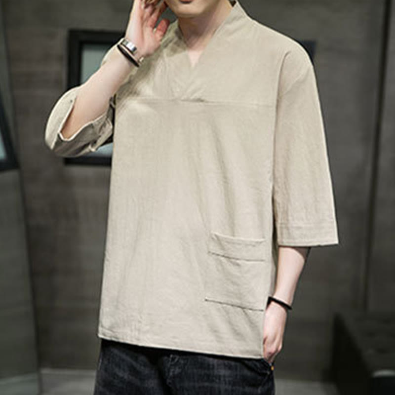 Breathable Cotton Linen V-Neck Three-Quarter Sleeve Meditation T-Shirt