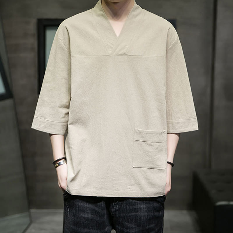 Breathable Cotton Linen V-Neck Three-Quarter Sleeve Meditation T-Shirt