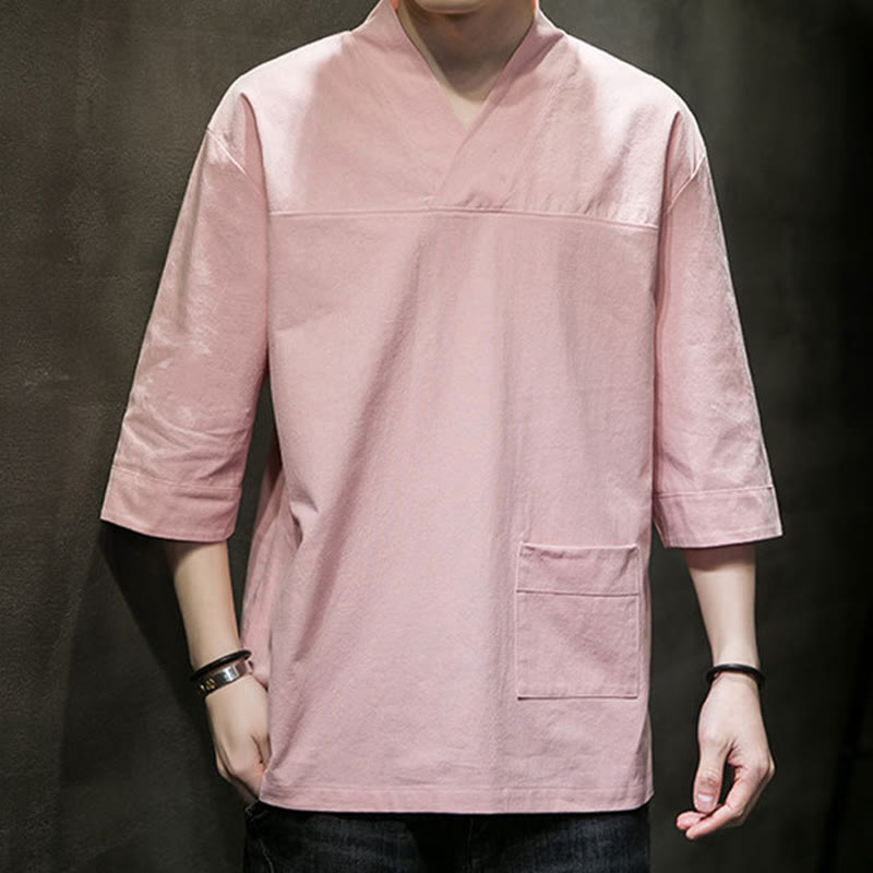 Breathable Cotton Linen V-Neck Three-Quarter Sleeve Meditation T-Shirt