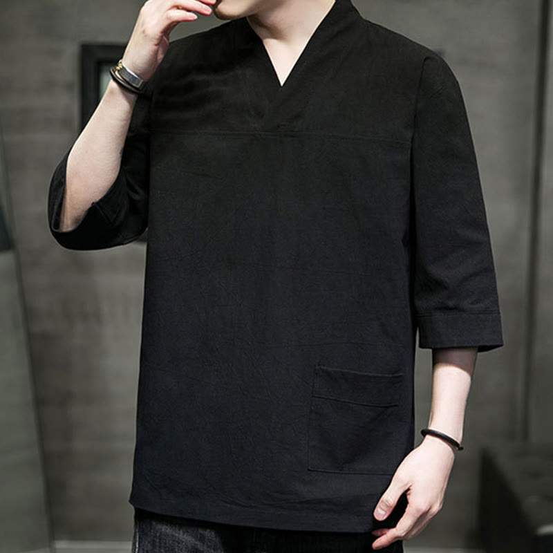 Breathable Cotton Linen V-Neck Three-Quarter Sleeve Meditation T-Shirt