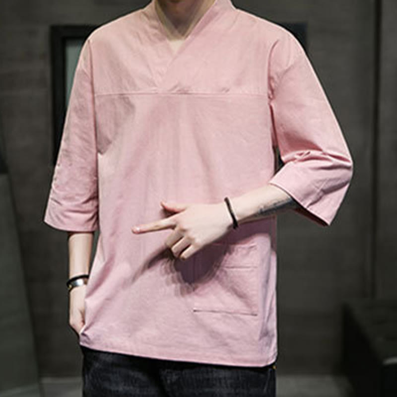 Breathable Cotton Linen V-Neck Three-Quarter Sleeve Meditation T-Shirt