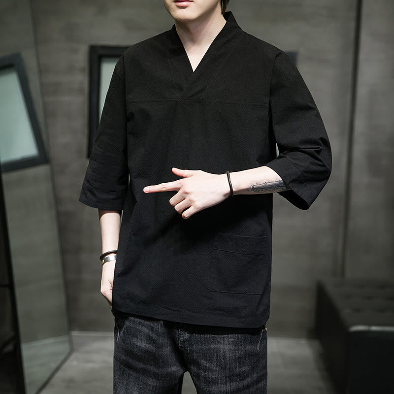 Breathable Cotton Linen V-Neck Three-Quarter Sleeve Meditation T-Shirt