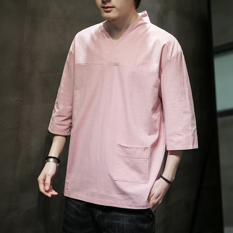 Breathable Cotton Linen V-Neck Three-Quarter Sleeve Meditation T-Shirt