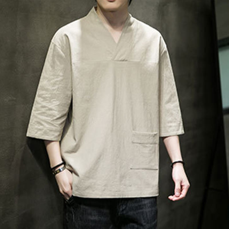 Breathable Cotton Linen V-Neck Three-Quarter Sleeve Meditation T-Shirt