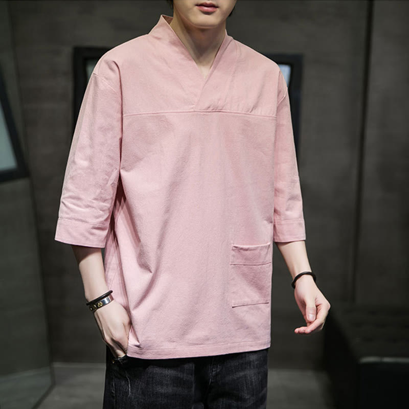 Breathable Cotton Linen V-Neck Three-Quarter Sleeve Meditation T-Shirt