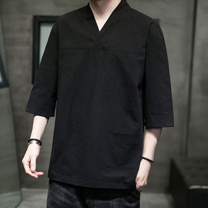 Breathable Cotton Linen V-Neck Three-Quarter Sleeve Meditation T-Shirt
