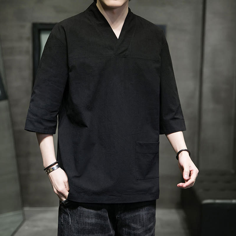 Breathable Cotton Linen V-Neck Three-Quarter Sleeve Meditation T-Shirt