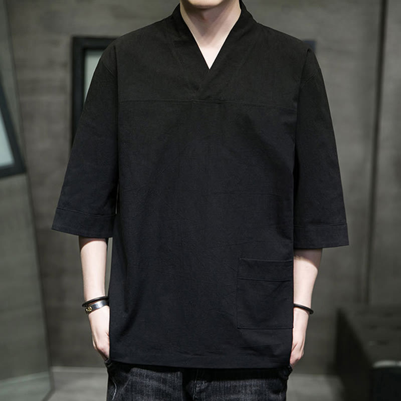 Breathable Cotton Linen V-Neck Three-Quarter Sleeve Meditation T-Shirt