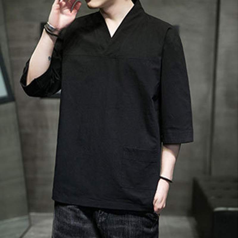 Breathable Cotton Linen V-Neck Three-Quarter Sleeve Meditation T-Shirt