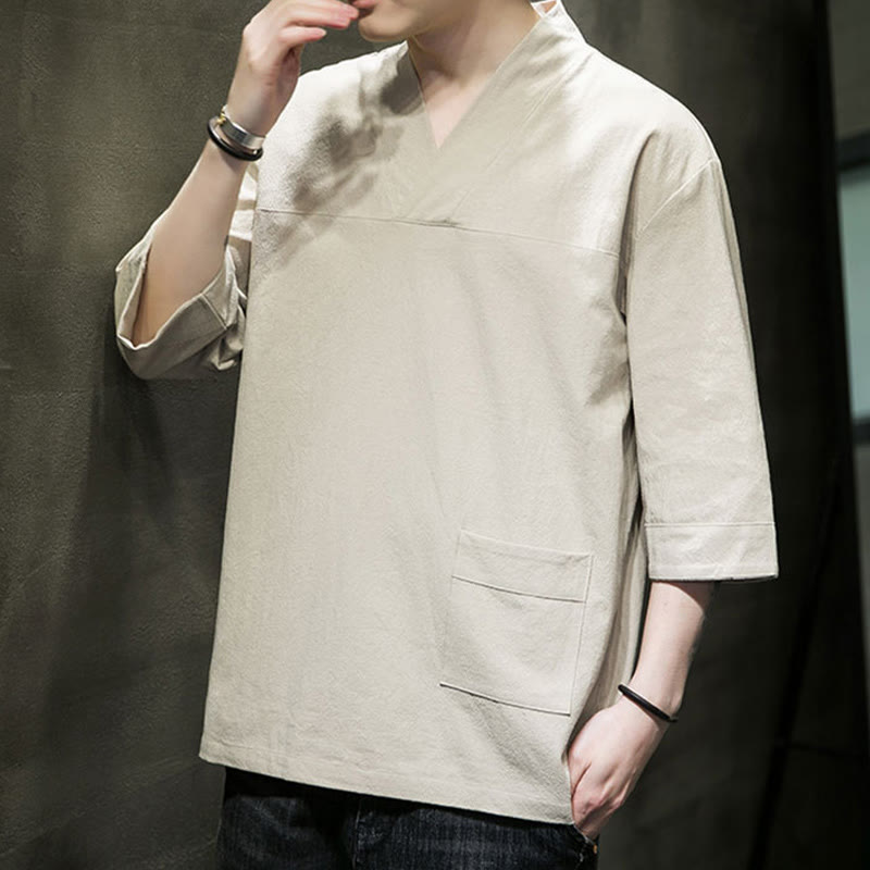 Breathable Cotton Linen V-Neck Three-Quarter Sleeve Meditation T-Shirt