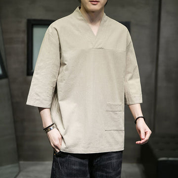 Breathable Cotton Linen V-Neck Three-Quarter Sleeve Meditation T-Shirt
