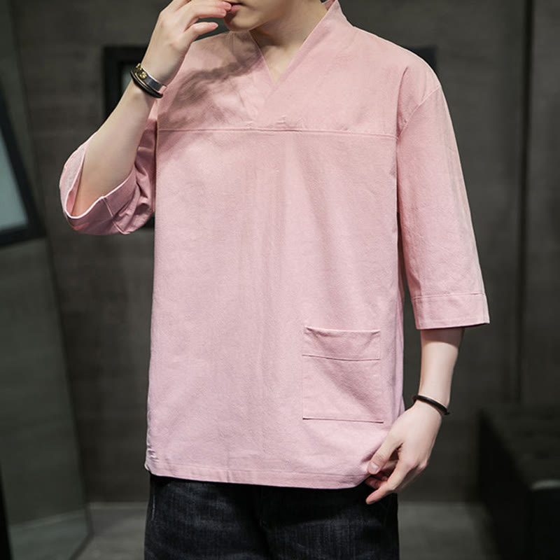 Breathable Cotton Linen V-Neck Three-Quarter Sleeve Meditation T-Shirt