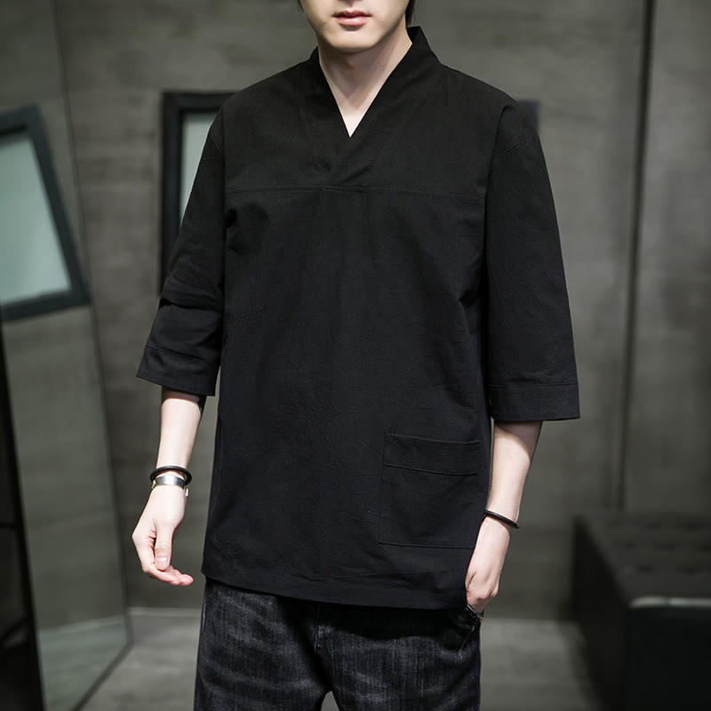 Breathable Cotton Linen V-Neck Three-Quarter Sleeve Meditation T-Shirt