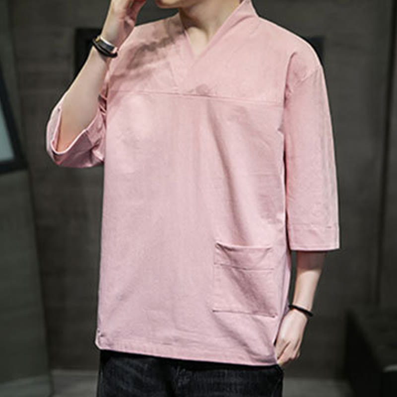 Breathable Cotton Linen V-Neck Three-Quarter Sleeve Meditation T-Shirt