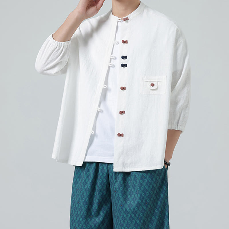 Breathable Cotton Blend Stand Collar Meditation Shirt Cardigan
