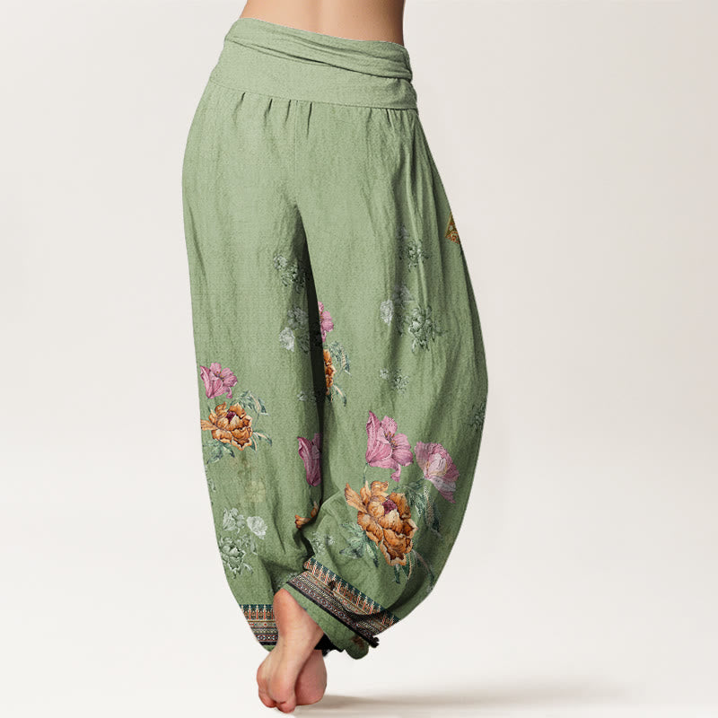 Botanical Cotton Pleated Waist Grounding Harem Pants