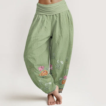 Botanical Cotton Pleated Waist Grounding Harem Pants