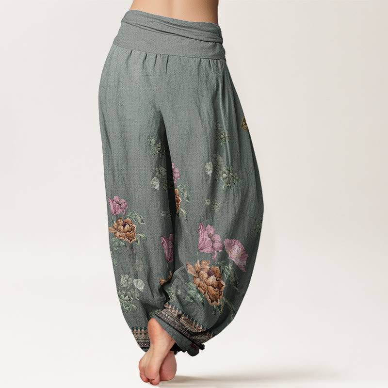 Botanical Cotton Pleated Waist Grounding Harem Pants