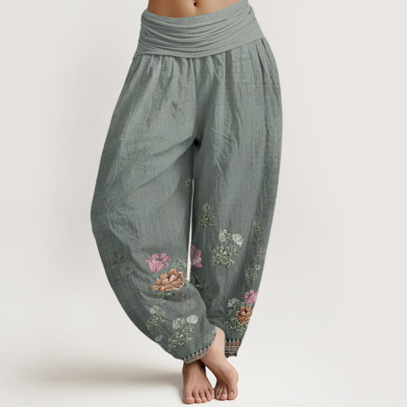 Botanical Cotton Pleated Waist Grounding Harem Pants