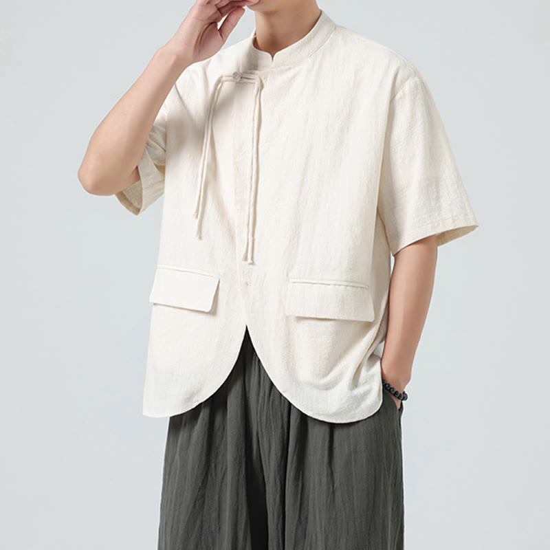 Vintage Solid Color Irregular Hem Design Stand Collar Men's Half Sleeve Cotton Shirt Cardigan With Pockets