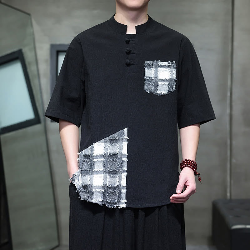 Tactile Cotton Minimalist Stand Collar Meditation Shirt