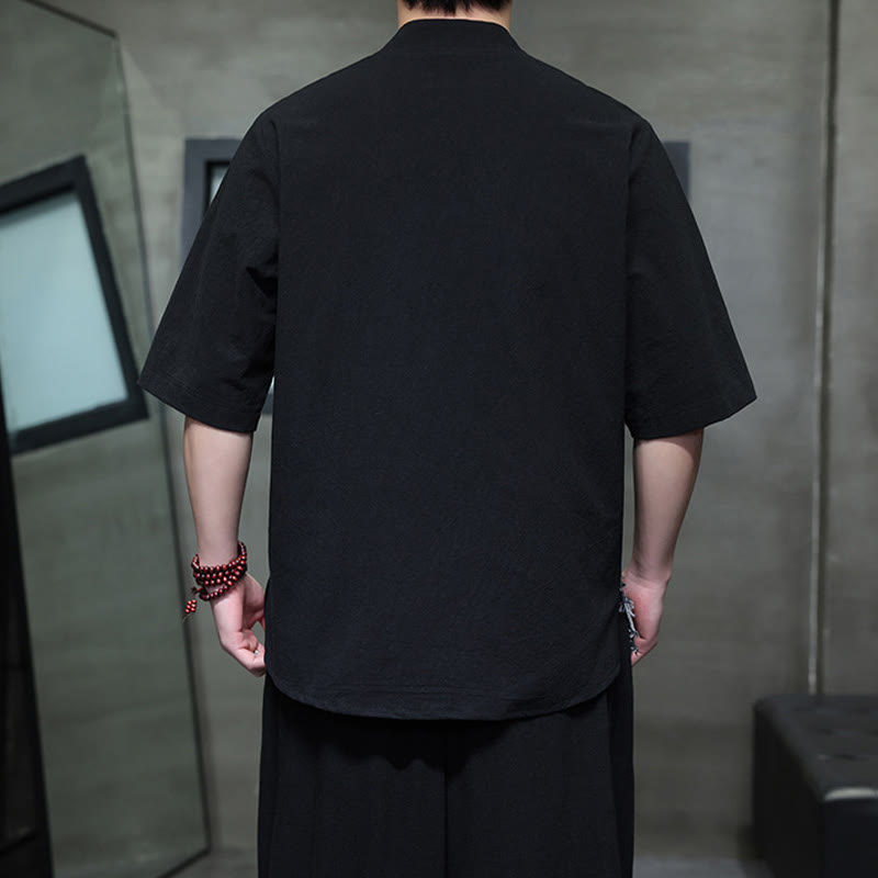 Tactile Cotton Minimalist Stand Collar Meditation Shirt