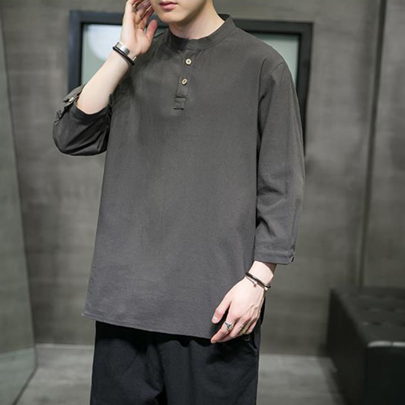 Cotton Linen Stand Collar Three-Quarter Sleeve Meditation Shirt