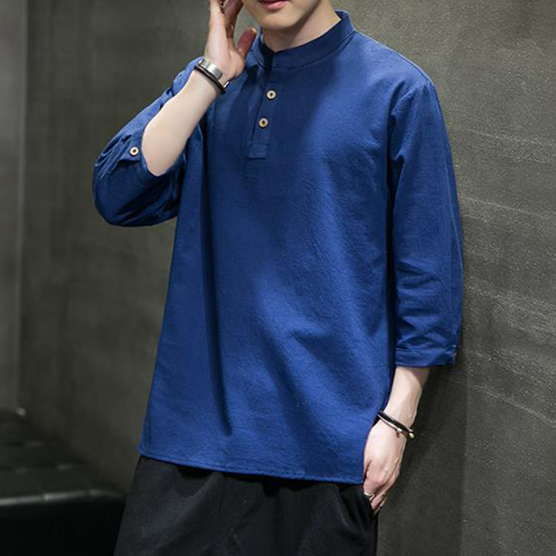 Cotton Linen Stand Collar Three-Quarter Sleeve Meditation Shirt