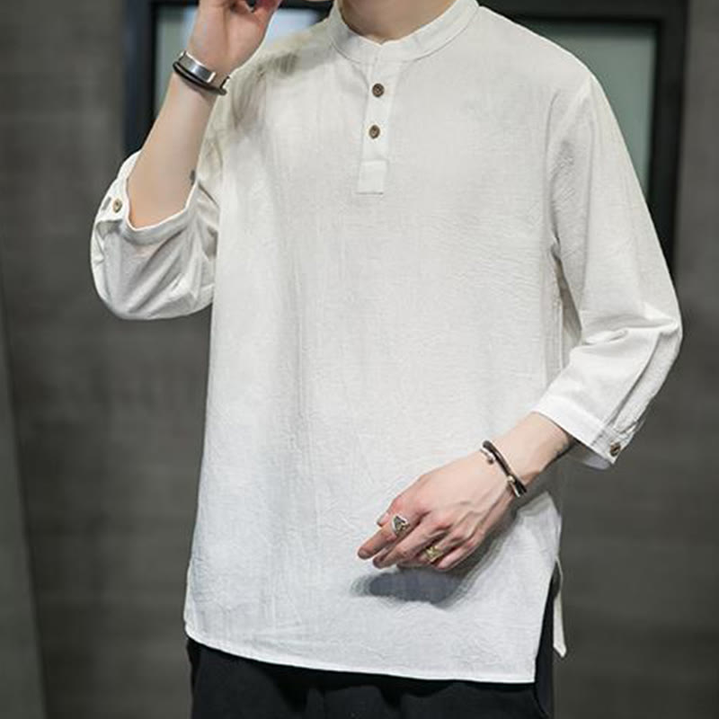 Cotton Linen Stand Collar Three-Quarter Sleeve Meditation Shirt