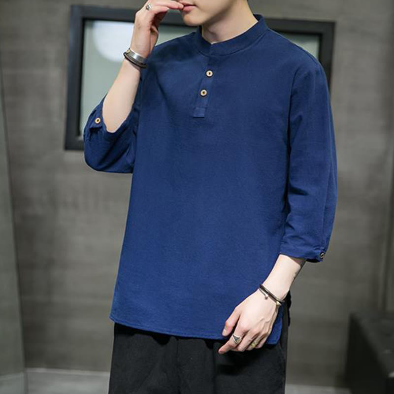 Cotton Linen Stand Collar Three-Quarter Sleeve Meditation Shirt