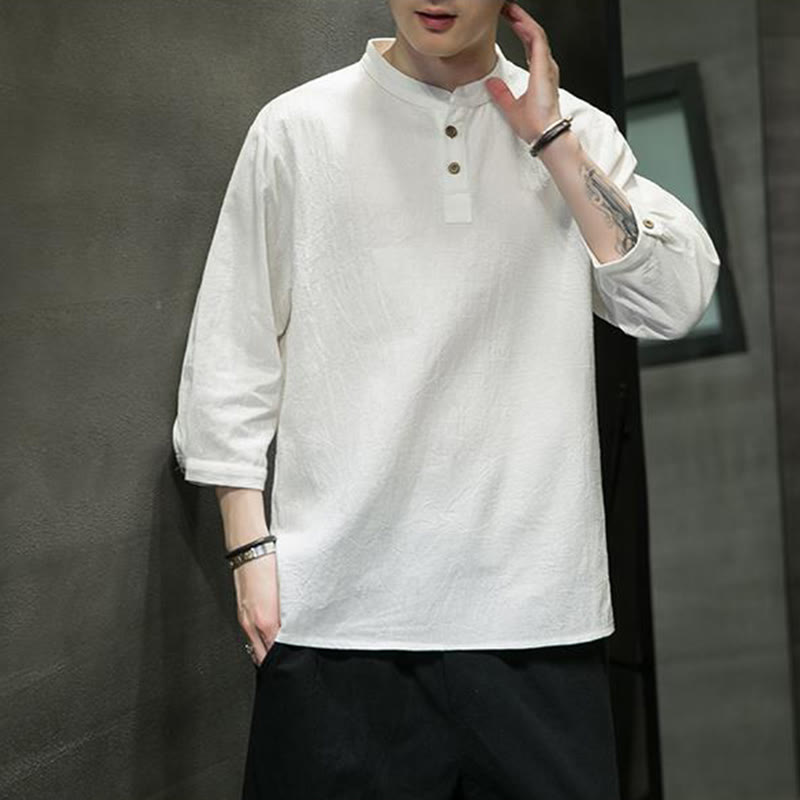 Cotton Linen Stand Collar Three-Quarter Sleeve Meditation Shirt