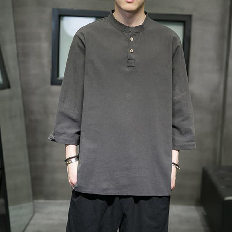 Cotton Linen Stand Collar Three-Quarter Sleeve Meditation Shirt
